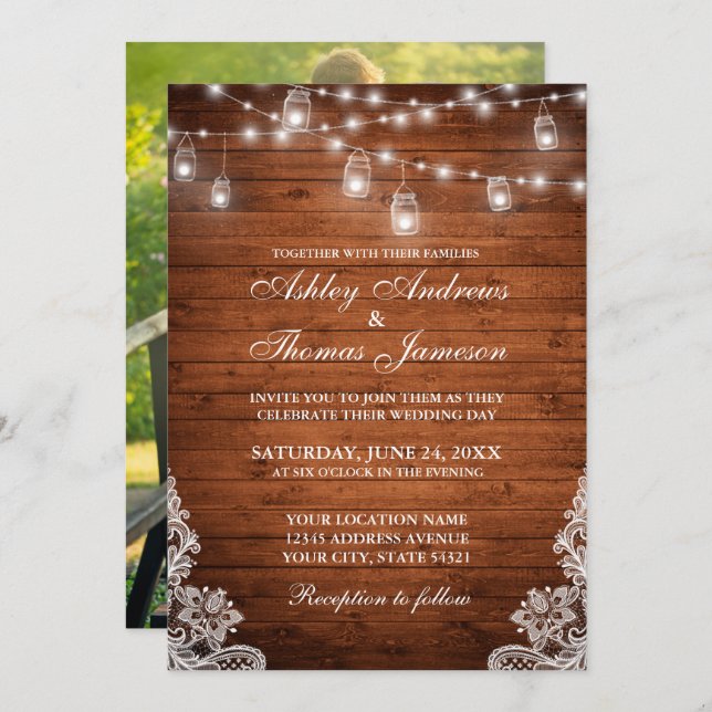 Rustic Wedding Wood Jar String Lights Lace Photo Invitation (Front/Back)