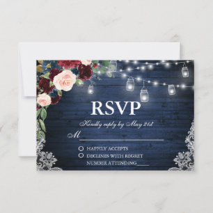 Rustic Wedding Wood Jars Blue Burgundy Floral RSVP Card