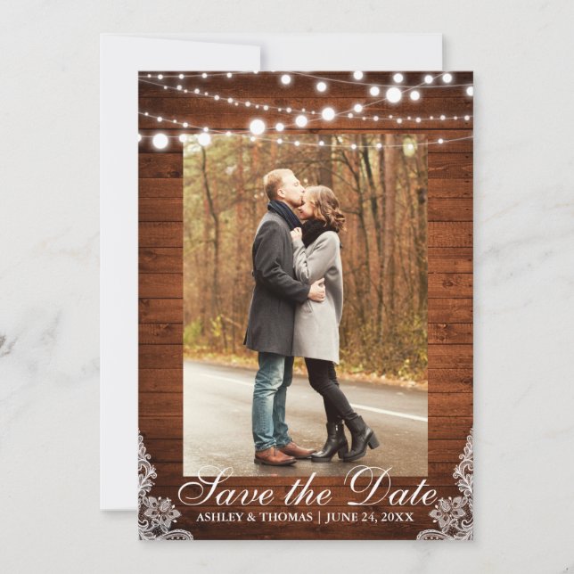 Rustic Wedding Wood Lace Lights Save the Date (Front)