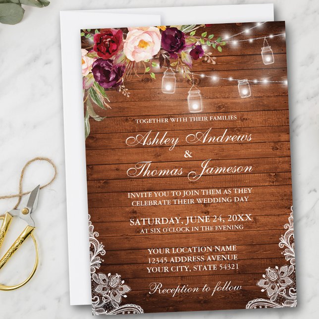 Rustic Wedding Wood Lights Jars Lace Floral Invitation (Customize to add more text or photos to back of card.)