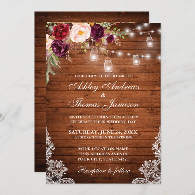 Rustic Wedding Wood Lights Jars Lace Floral Photo Invitation (Front/Back)
