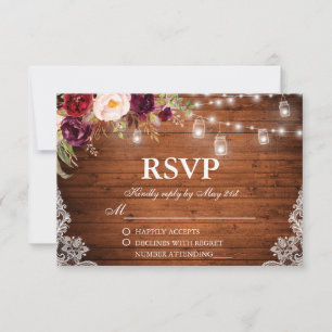 Rustic Wedding Wood Lights Jars Lace Floral RSVP Card