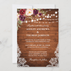 Rustic Wedding Wood Lights Lace Burgundy Floral Invitation