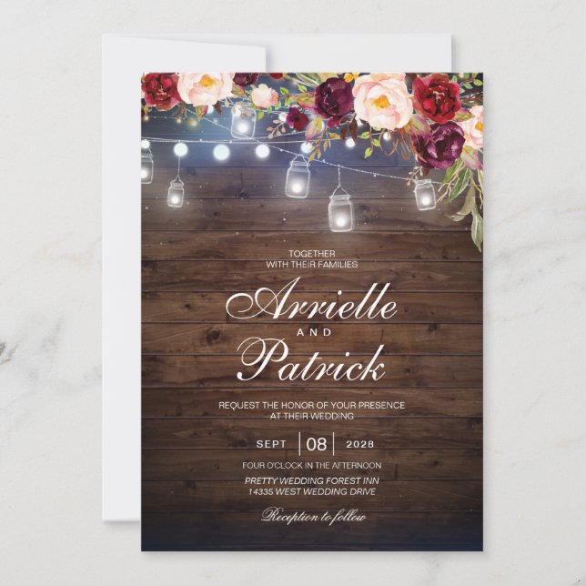 Rustic Wedding Wood Lights Lace Burgundy Floral Invitation (Front)