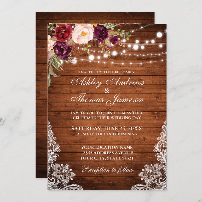 Rustic Wedding Wood Lights Lace Floral Photo Invitation (Front/Back)