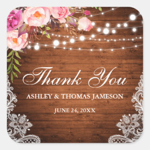 Rustic Wedding Wood Lights Lace Floral Thank You P Square Sticker