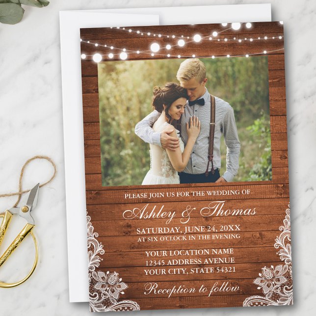 Rustic Wedding Wood Lights Lace Photo Invitation (Customize to add more text or more photos to back of card.)
