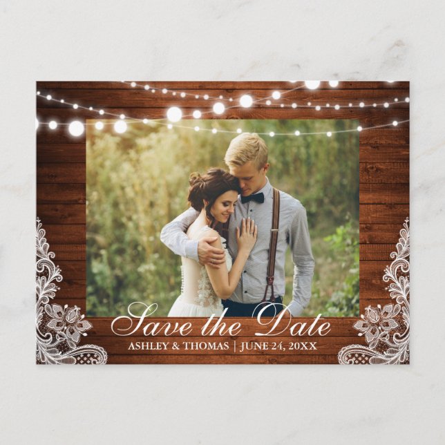 Rustic Wedding Wood Lights Lace Save the Date Announcement Postcard (Front)