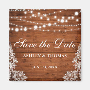 Rustic Wedding Wood Lights Lace Save the Date Sq Magnet