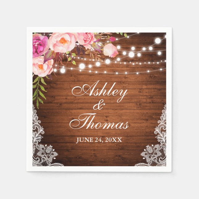 Rustic Wedding Wood Lights Pink Floral Lace Napkin (Front)
