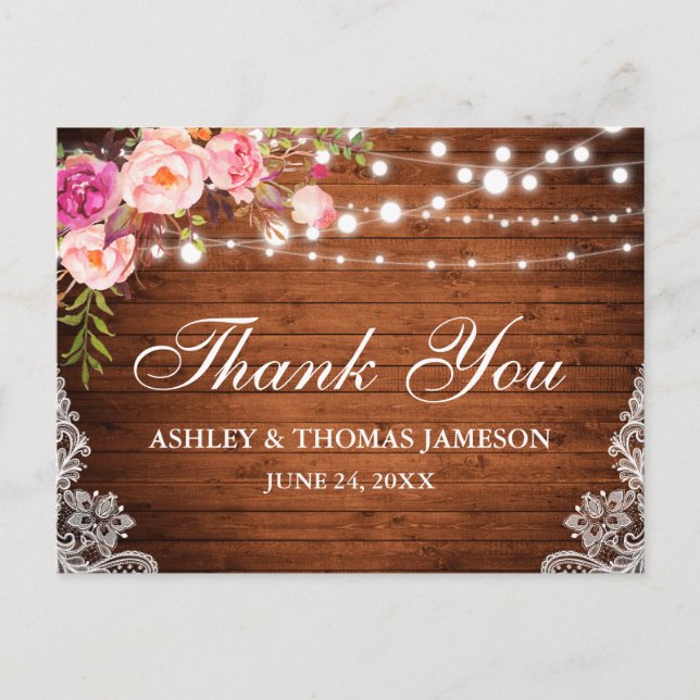 Rustic Wedding Wood Pink Floral Lights Lace Postcard (Front)