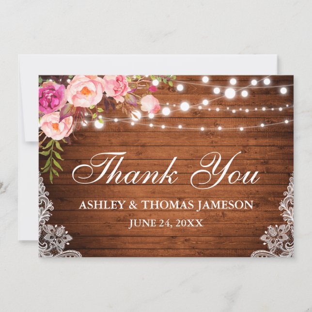 Rustic Wedding Wood Pink Floral Lights Lace Thanks Thank You Card (Front)