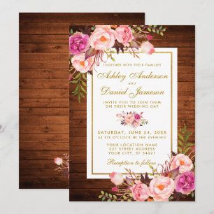 Rustic Wedding Wood Pink Floral Wedding Invite