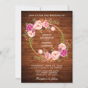 Rustic Wedding Wood Pink Floral Wreath Gold Invite