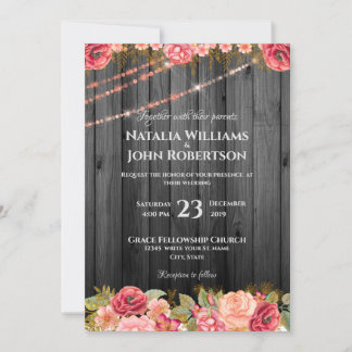 Rustic Wedding Wood Rose Lights Floral Invitation
