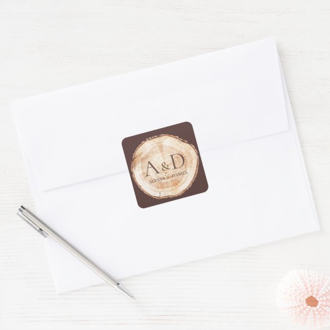 Rustic Wedding Wood Slice Custom Monogram Square Sticker (Envelope)