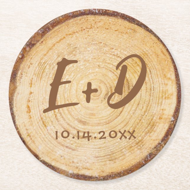 Rustic Wedding Wood Slice Initials Monogram Brown Round Paper Coaster (Front)