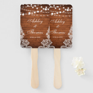 Rustic Wedding Wood String Lights Lace Hand Fan