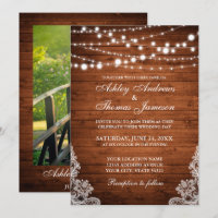 Rustic Wedding Wood String Lights Lace Invite PB