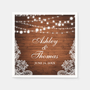 Rustic Wedding Wood String Lights Lace Napkin