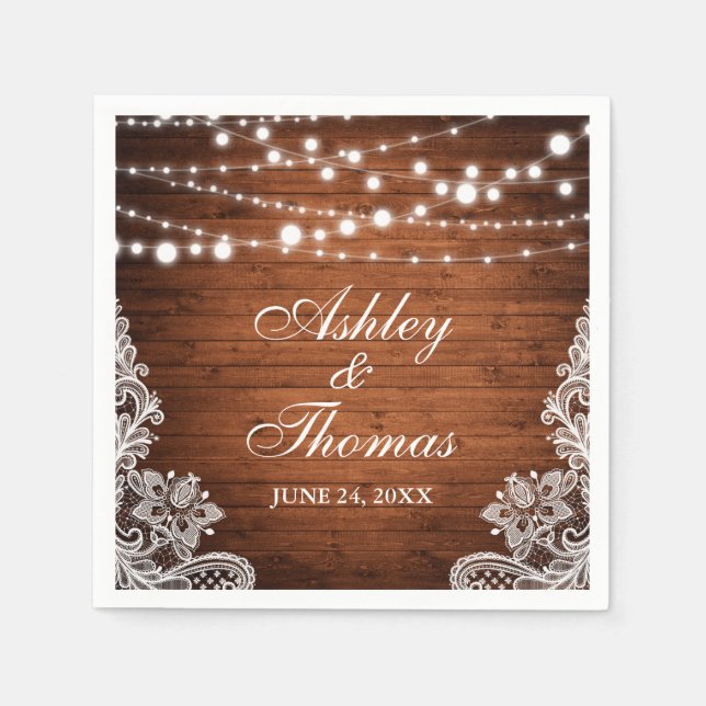 Rustic Wedding Wood String Lights Lace Napkin (Front)