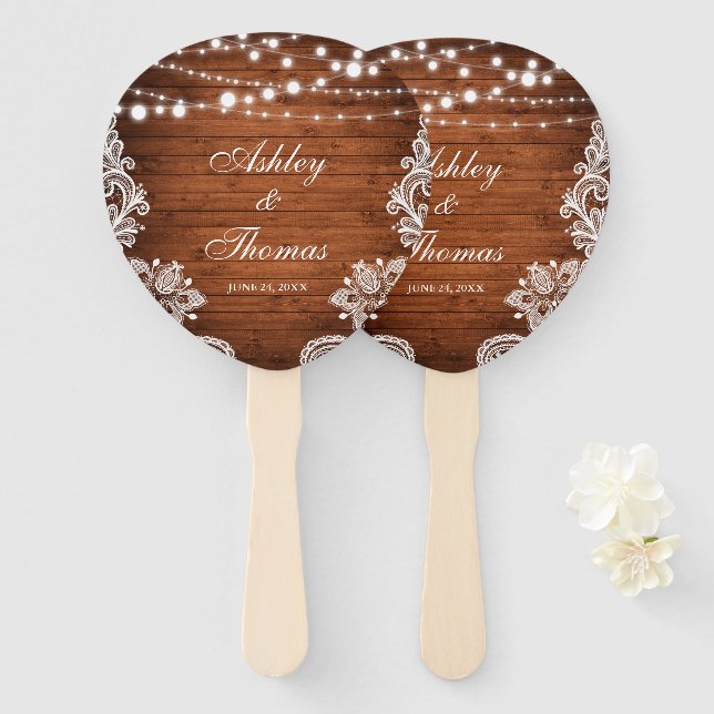 Rustic Wedding Wood String Lights Lace Paddle Hand Fan (Front and Back)