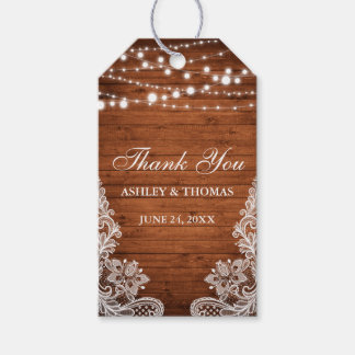 Rustic Wedding Wood String Lights Lace Thank You Gift Tags
