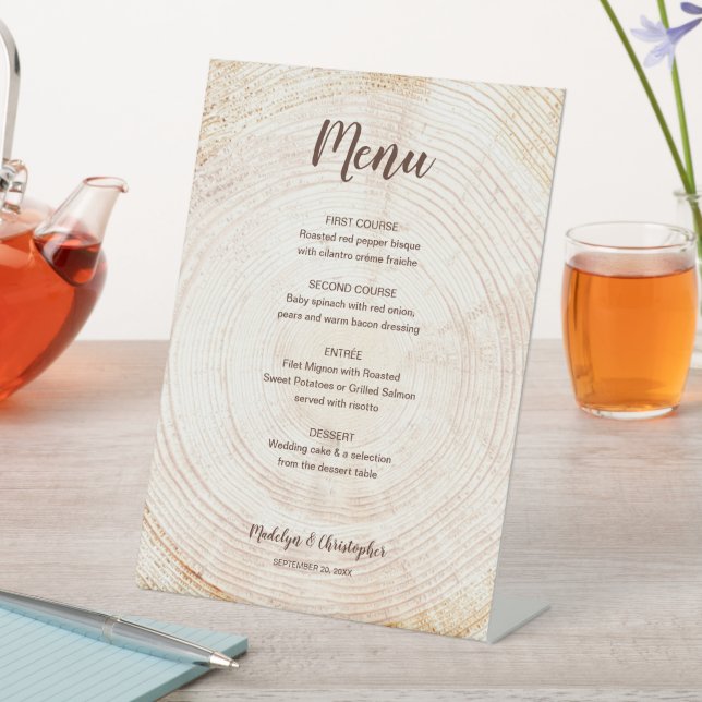 Rustic Wedding Wood Tree ring Custom Menu meals Pedestal Sign (In SItu)
