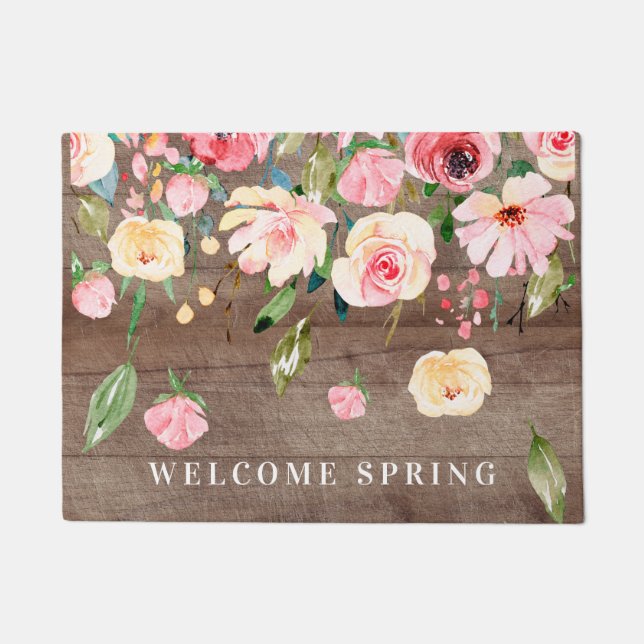 Rustic Welcome Spring Pink Peonies Floral Doormat (Front)