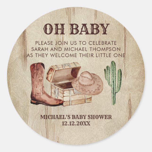 Rustic Western Baby Shower Cowboy Theme Classic Round Sticker (Front)