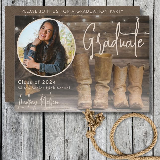Rustic Western Barn & Cowboy Boot Photo Graduation Invitation (Rustic Western Barn & Cowboy Boot Photo Graduation Invitation)