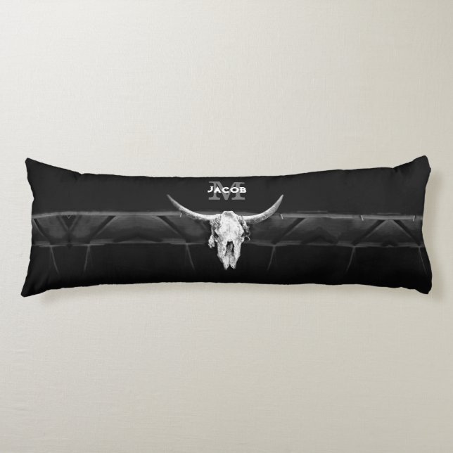 Rustic Western Black And White Bull Skull Monogram Body Cushion (Front)