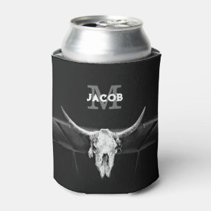 Rustic Western Black And White Bull Skull Monogram Can Cooler