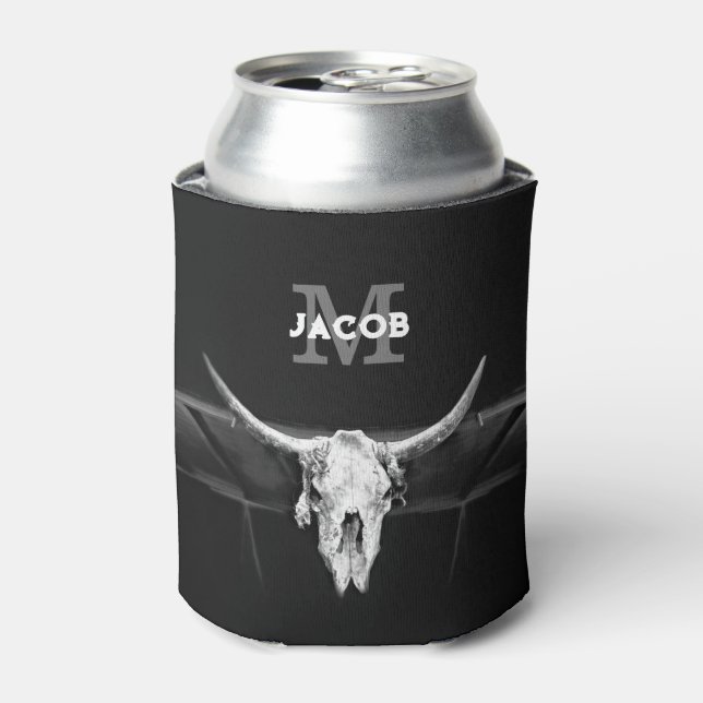 Rustic Western Black And White Bull Skull Monogram Can Cooler (Can Front)