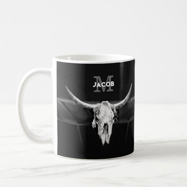 Rustic Western Black And White Bull Skull Monogram Coffee Mug (Left)