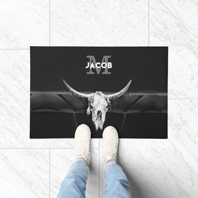 Rustic Western Black And White Bull Skull Monogram Doormat (Indoor)
