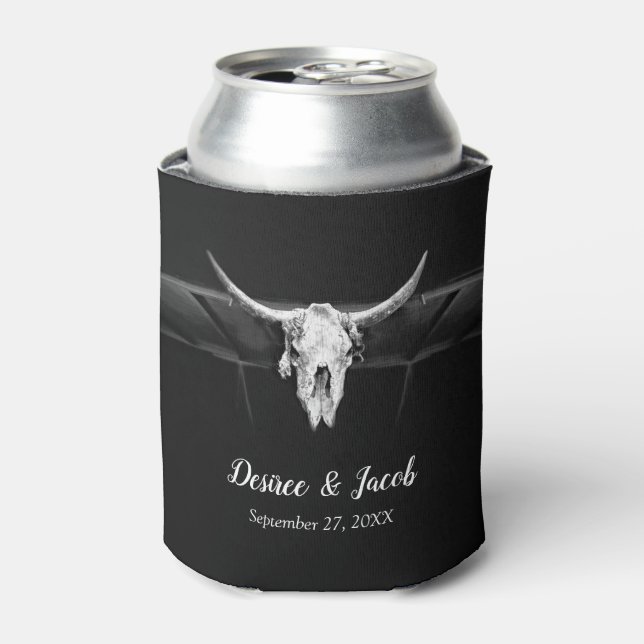 Rustic Western Black And White Bull Skull Wedding Can Cooler (Can Front)