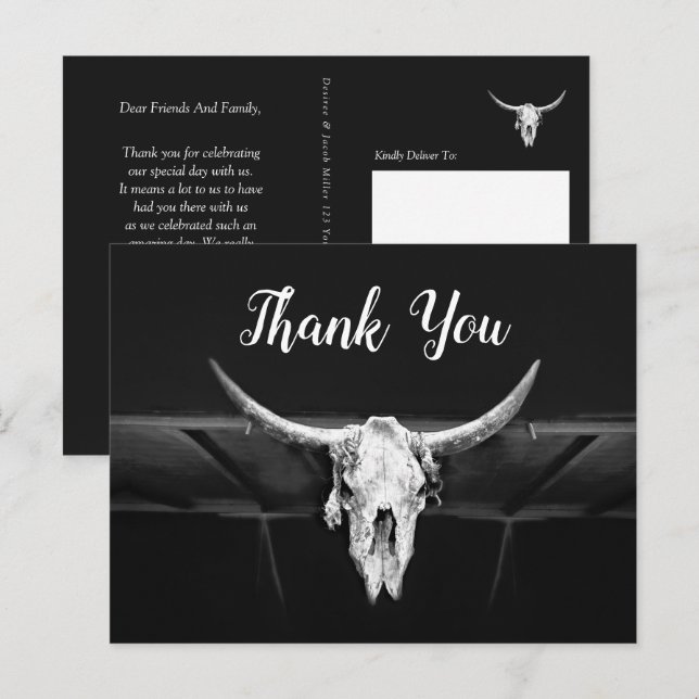 Rustic Western Black And White Bull Skull  Wedding Postcard (Front/Back)