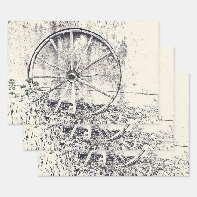  Rustic Western Black And White Wagon Wheel Wrapping Paper Sheet (Set)