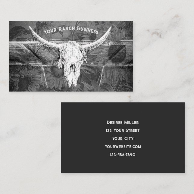 Rustic Western Black White Sunflowers Bull Skull Business Card (Front/Back)