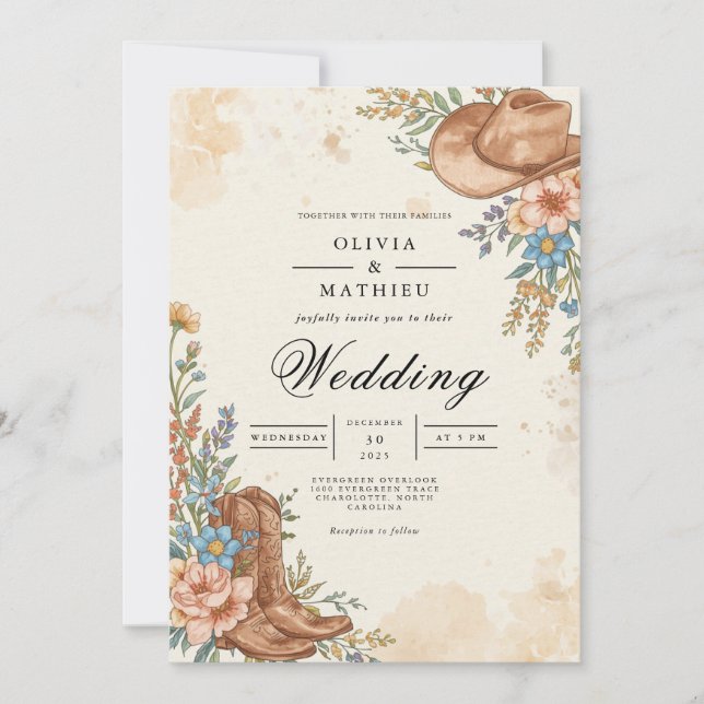 Rustic Western Bloom Flourish Wedding Invitation (Front)