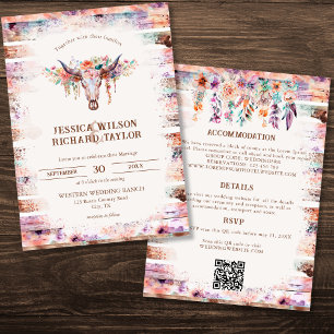 Rustic Western Boho Floral Cow Skull  Invitation