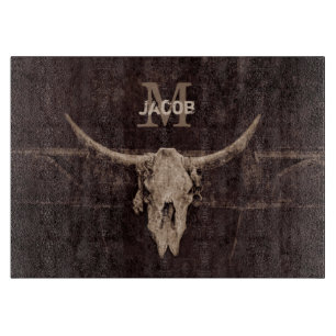 Rustic Western Brown Beige Old Bull Skull Monogram Cutting Board