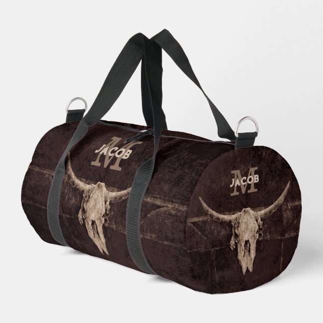 Rustic Western Brown Beige Old Bull Skull Monogram Duffle Bag (Left Corner)