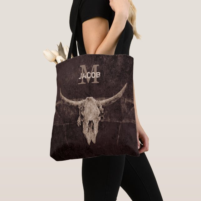 Rustic Western Brown Beige Old Bull Skull Monogram Tote Bag (Close Up)