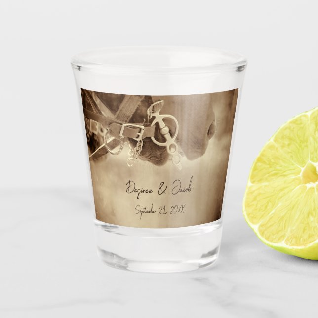Rustic Western Brown Horse Wedding Shot Glass (Front)