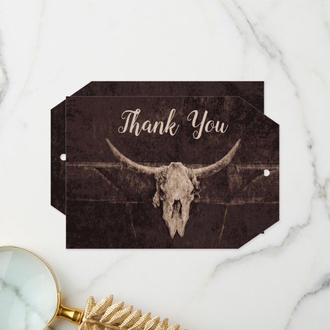 Rustic Western Brown Texture Bull Skull Wedding Thank You Card (Front/Back In Situ)