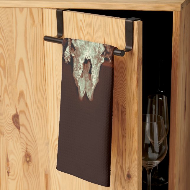 Rustic Western Bull Skull Brown Country Design Tea Towel (Thirds Fold)
