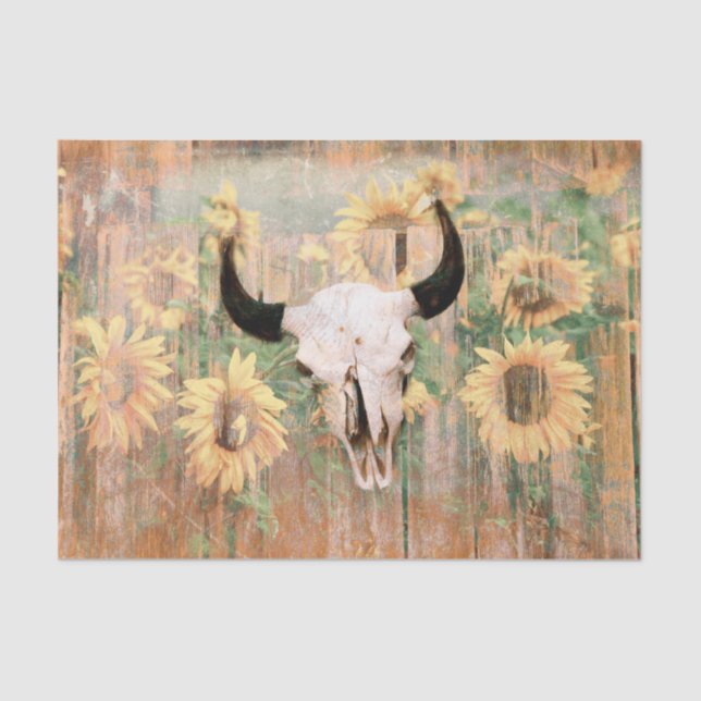 Rustic Western Bull Skull Brown Yellow Sunflowers Tissue Paper (Front)