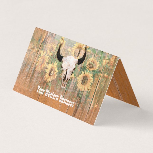 Rustic Western Bull Skull Sunflowers Wood Texture Business Card (Front)